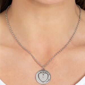 NWT Polished Silver Heart Pink Diamond Rhinestone Engraved Faith Charm Necklace